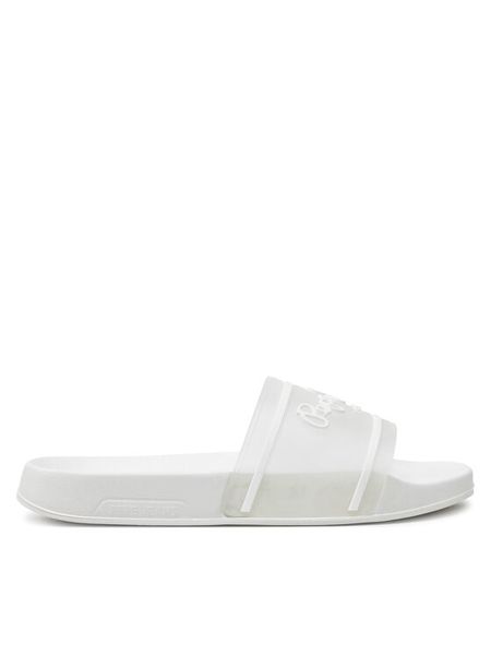 Pepe Jeans Klapki Slider Translucent W PLS70147 Biały. Białe klapki Pepe Jeans, bez wzorów, z jeansu, bez obcasa. Za 209,99 zł.