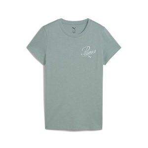 Damska koszulka ESS SCRIPT PUMA Green Moon. Zielone koszulki sportowe Puma, bez wzorów, bez ramiączek. W wyprzedaży za 69,00 zł.