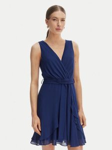 Morgan Sukienka koktajlowa 241-ROSVAL Granatowy Regular Fit. Niebieskie kombinezony Morgan, bez wzorów, z syntetyku, wizytowe, bez kołnierzyka, bez ramiączek. Za 299,99 zł.