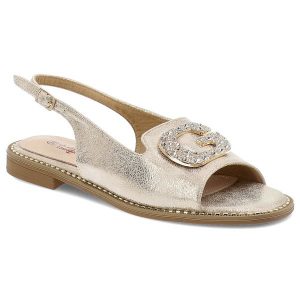 Sandały damskie S. Barski, na płaskim obcasie eleganckie z ozdobą ze sprzączką, złote, KV51-081. Żółte sandały S.BARSKI, z aplikacjami, bez obcasa, na płaskiej podeszwie, bez zapięcia. Za 109,00 zł.