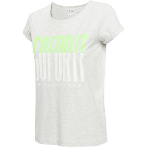 T-shirt damski TSD007 - chłodny jasny szary. Szare t-shirty marki 4f, z nadrukiem, z bawełny, z krótkim rękawem. W wyprzedaży za 44,99 zł.