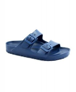 Klapki damskie Birkenstock Arizona Eva. Niebieskie klapki Birkenstock, bez wzorów, z materiału, bez obcasa. Za 337,00 zł.