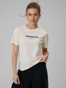 4F T-shirt loose z nadrukiem damski - beżowy L. Brązowe t-shirty 4f, l, bez wzorów, z bawełny, bez kołnierzyka, bez ramiączek. Za 79,99 zł.