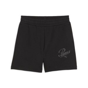 Damskie szorty z wysokim stanem ESS SCRIPT 5" PUMA Black. Czarne szorty Puma, bez wzorów, z podwyższonym stanem. Za 100,99 zł.