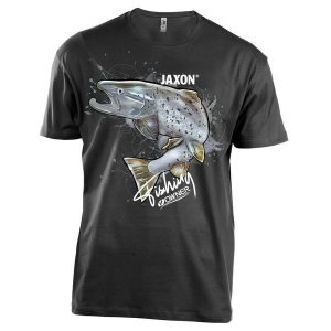 Koszulka wędkarska Jaxon Nature Troć. Czarne bluzki JAXON, xl, bez wzorów, sportowe, bez kołnierzyka, bez ramiączek. Za 69,99 zł.