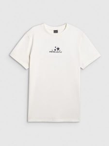 4F T-shirt oversize z nadrukiem damski - beżowy XS. Brązowe t-shirty 4f, xs, bez wzorów, z dzianiny, bez kołnierzyka, bez ramiączek. Za 79,99 zł.