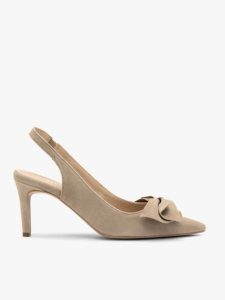 Beżowe czółenka slingback z kokardą. Brązowe czółenka Ryłko, z aplikacjami, z materiału, bez obcasa, na obcasie, bez zapięcia. Za 379,99 zł.