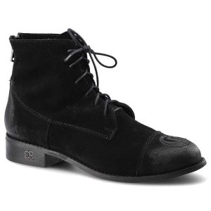 Botki damskie Carinii, wykonane z materiału o zamszowej strukturze z wysoką cholewką wiązaniem na przodzie oraz niskim obcasem, czarne, B5588-CR-H20-. Czarne botki Carinii, na jesień, bez wzorów, z jeansu, przed kolano, bez obcasa, na płaskiej podeszwie, bez zapięcia. Za 279,00 zł.