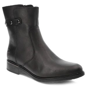 Czarne Botki Rieker Modne Obuwie Damskie. Czarne botki Rieker, na zimę, bez wzorów, z futra, bez obcasa, na obcasie, bez zapięcia. Za 339,00 zł.