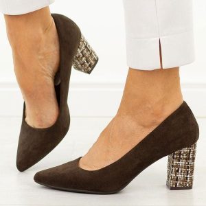 Czekoladowe mix czółenka damskie na słupku Sergio Leone Pb414. Brązowe czółenka Sergio Leone, bez wzorów, z jeansu, bez obcasa, na obcasie, bez zapięcia. Za 169,00 zł.