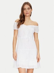 Guess Sukienka letnia W5GK0A WE340 Biały Regular Fit. Białe kombinezony Guess, na lato, xl, z aplikacjami, z syntetyku, bez kołnierzyka, bez ramiączek. Za 379,99 zł.