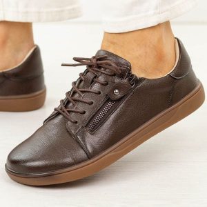 Barefoot czekoladowe skórzane półbuty damskie Potocki 19503. Brązowe półbuty POTOCKI, na jesień, bez wzorów, z dzianiny, bez obcasa, na płaskiej podeszwie, bez zapięcia. Za 249,00 zł.
