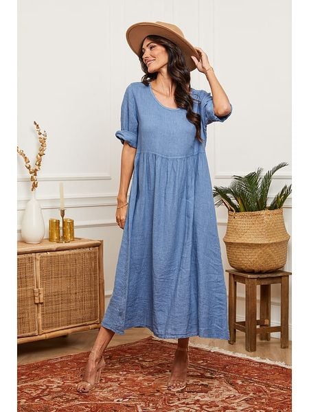 La Compagnie Du Lin Lniana sukienka w kolorze niebieskim rozmiar: XXL. Niebieskie sukienki La Compagnie Du Lin, na co dzień, xxl, bez wzorów, ze lnu, bez kołnierzyka, bez ramiączek, maxi, proste. Za 152,98 zł.