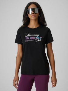 4F T-shirt regular z nadrukiem damski - czarny XXL. Czarne t-shirty 4f, xxl, bez wzorów, z bawełny, bez kołnierzyka, bez ramiączek. Za 59,99 zł.