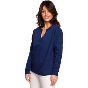 Efektowna Bluza z Wycięciem przy Dekolcie - Atramentowa. Niebieskie bluzy MOE, l, bez wzorów, z bawełny, bez kaptura. Za 204,90 zł.