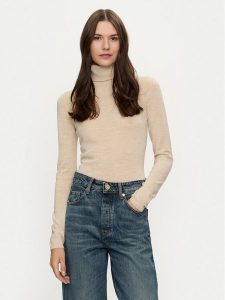 Tommy Hilfiger Golf WW0WW43098 Beżowy Slim Fit. Brązowe golfy TOMMY HILFIGER, bez wzorów, z wełny. Za 399,99 zł.