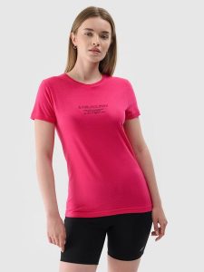 4F T-shirt slim z nadrukiem damski - różowy S. Czerwone t-shirty 4f, s, bez wzorów, z dzianiny, bez kołnierzyka, bez ramiączek. W wyprzedaży za 29,99 zł.
