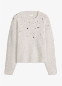 Sweter z aplikacją i domieszką wełny. Szare swetry klasyczne bonprix, z wełny, bez kołnierzyka. Za 159,99 zł.