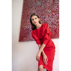Wizytowa Sukienka z Ozdobnymi Rękawami - Czerwona. Czerwone sukienki MOE, l, bez wzorów, z elastanu, wizytowe, bez kołnierzyka, bez ramiączek. Za 298,90 zł.