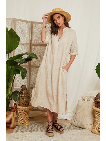 Lin Passion Lniana sukienka w kolorze beżowym rozmiar: 34/36. Brązowe sukienki Lin Passion, bez wzorów, ze lnu, klasyczne, bez kołnierzyka, bez ramiączek, maxi. Za 199,95 zł.