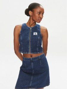 Calvin Klein Jeans Top J20J222799 Niebieski Slim Fit. Niebieskie topy Calvin Klein Jeans, s, bez wzorów, z bawełny, bez kołnierzyka, bez ramiączek. Za 189,99 zł.