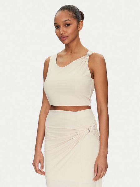 Guess Top W5GP22 KAQL2 Beżowy Regular Fit. Brązowe topy Guess, l, z aplikacjami, bez kołnierzyka, bez ramiączek. Za 139,99 zł.