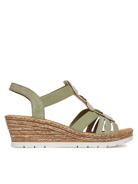 Rieker Sandały 619B2-52 Zielony. Zielone sandały Rieker, bez wzorów, z syntetyku, bez obcasa, na koturnie, bez zapięcia. Za 319,99 zł.