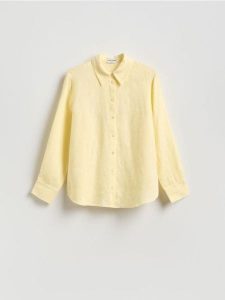 Lniana koszula - żółty. Żółte koszule Reserved, l, bez wzorów, z tkaniny, bez kołnierzyka, bez ramiączek. Za 149,99 zł.