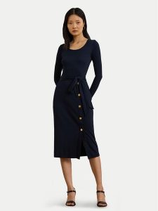 LAUREN RALPH LAUREN Sukienka dzianinowa 250889290005 Granatowy Slim Fit. Niebieskie kombinezony Lauren Ralph Lauren, bez wzorów, z bawełny, bez kołnierzyka, bez ramiączek. Za 619,99 zł.