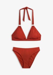 Bikini z ramiączkami wiązanymi na szyi, z ozdobnym kółkiem (2 części). Brązowe bikini bonprix, bez wzorów. Za 89,99 zł.