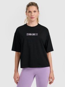 4F T-shirt oversize z nadrukiem damski - czarny S. Czarne t-shirty 4f, s, bez wzorów, bez kołnierzyka, bez ramiączek. Za 59,99 zł.