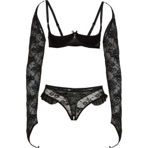 Biustonosz z głęboko wyciętymi miseczkami + stringi + getry (3 części) bonprix czarny. Komplety bielizny marki bonprix. Za 74,99 zł.