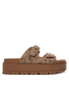 Guess Klapki FLJF2X FAL03 Beżowy. Brązowe klapki Guess, z aplikacjami, z materiału, bez obcasa. Za 479,99 zł.