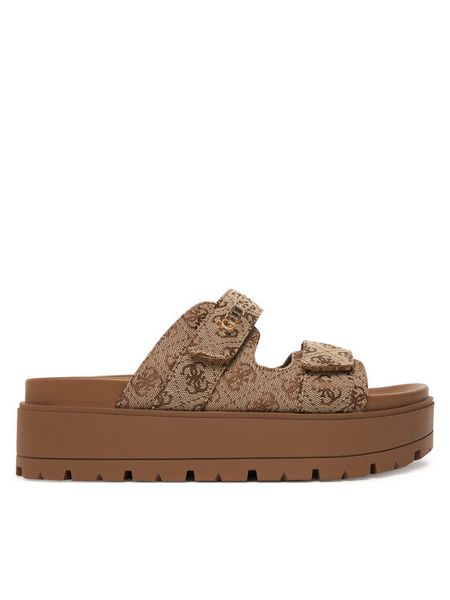 Guess Klapki FLJF2X FAL03 Beżowy. Brązowe klapki Guess, z aplikacjami, z materiału, bez obcasa. Za 479,99 zł.