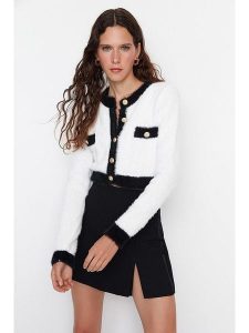 Trendyol Kardigan w kolorze biało-czarnym rozmiar: S. Brązowe kardigany Trendyol, ze splotem. Za 121,99 zł.