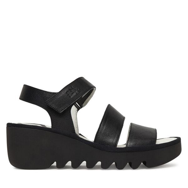 Sandały Fly London. Czarne sandały Fly London, bez wzorów, bez obcasa, na koturnie, bez zapięcia. Za 547,99 zł.