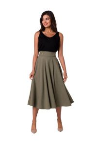 Rozkloszowana spódnica z wysokim stanem i kieszeniami khaki. Brązowe spódnice Bewear, xxl, bez wzorów, eleganckie, midi. Za 319,00 zł.