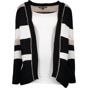 Sweter rozpinany w kolorze czarno-beżowym. Brązowe swetry klasyczne marki Lilou Secret, z dzianiny. W wyprzedaży za 99,95 zł.