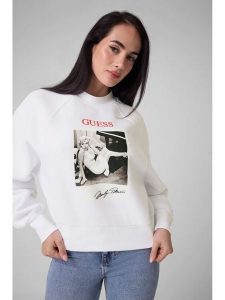 Guess Bluza 184347 Biały Classic Fit. Białe bluzy Guess, l, z aplikacjami, bez kaptura. Za 394,99 zł.