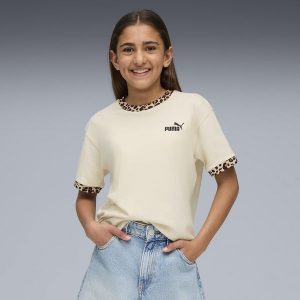 Młodzieżowa koszulka Essentials ze zwierzęcym wzorem o luźnym kroju PUMA. Biała bluzki Puma, m, bez wzorów, eleganckie, bez kołnierzyka, bez ramiączek. Za 99,00 zł.