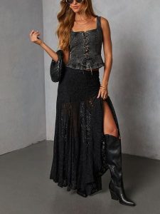 LA Angels Spódnica w kolorze czarnym rozmiar: XL. Czarne spódnice LA Angels, na co dzień, xl, bez wzorów, z koronki, maxi. Za 173,99 zł.