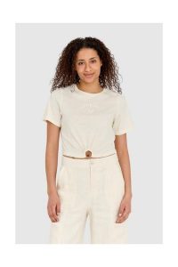 GUESS Kremowy t-shirt damski cropped fit piercing. Brązowe t-shirty Guess, s, z aplikacjami, z bawełny, bez kołnierzyka, bez ramiączek. W wyprzedaży za 149,99 zł.