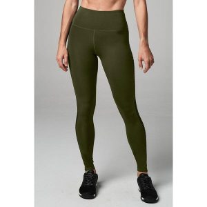 Legginsy sportowe damskie STRONG ID Essential z wysokim stanem. Zielone legginsy STRONG ID, bez wzorów, z materiału, z podwyższonym stanem. Za 149,99 zł.