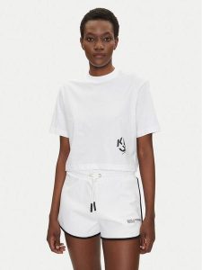 Karl Lagerfeld Jeans T-Shirt A2W17076 Biały Cropped Fit. Białe t-shirty Karl Lagerfeld Jeans, l, bez wzorów, z jeansu, bez kołnierzyka, bez ramiączek. Za 99,99 zł.