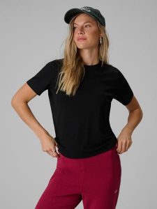 4F T-shirt regular gładki damski - czarny L. Czarne t-shirty 4f, l, bez wzorów, z bawełny, bez kołnierzyka, bez ramiączek. Za 69,99 zł.
