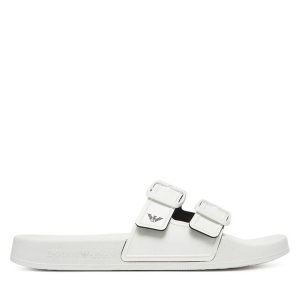 Klapki Emporio Armani. Białe klapki Emporio Armani, bez wzorów, bez obcasa. Za 299,99 zł.