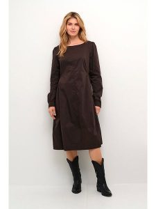 CULTURE Sukienka w kolorze brązowym rozmiar: L. Brązowe sukienki Culture, l, bez wzorów, bez kołnierzyka, bez ramiączek, midi, rozkloszowane. Za 153,71 zł.