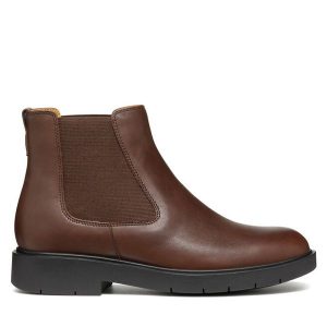 Sztyblety Geox. Brązowe botki Geox, bez wzorów, bez obcasa, na płaskiej podeszwie, bez zapięcia. Za 359,99 zł.