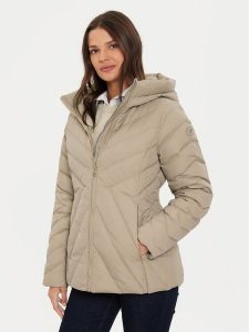 Tommy Hilfiger Kurtka puchowa Chevron WW0WW42623 Beżowy Regular Fit. Brązowe kurtki TOMMY HILFIGER, s, bez wzorów, z puchu, bez kaptura. Za 599,99 zł.