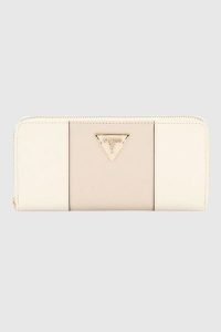 GUESS Beżowy duży portfel damski Laurel. Brązowe portfele Guess, z aplikacjami, ze skóry ekologicznej. W wyprzedaży za 255,99 zł.